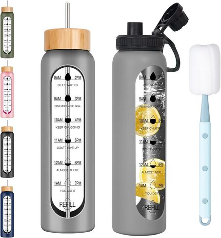 32oz Glass Water Bottle with Time Marker, 2 Lids-Handle Spout Lid & Bamboo Straw Lid, 1 Liter Motivational Borosilicate Water Bottle for Gym, Office, Travel (Gray) in Kuwait