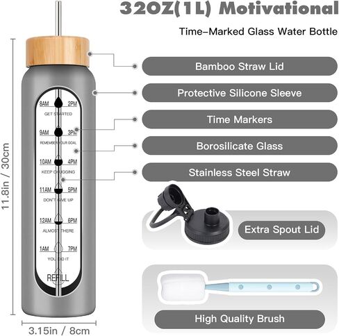 32oz Glass Water Bottle with Time Marker, 2 Lids-Handle Spout Lid & Bamboo Straw Lid, 1 Liter Motivational Borosilicate Water Bottle for Gym, Office, Travel (Gray) in Kuwait