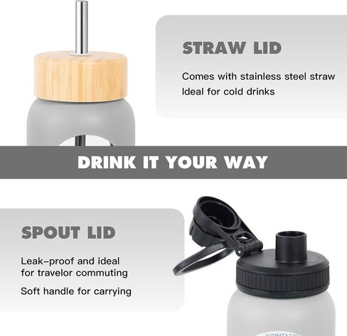 32oz Glass Water Bottle with Time Marker, 2 Lids-Handle Spout Lid & Bamboo Straw Lid, 1 Liter Motivational Borosilicate Water Bottle for Gym, Office, Travel (Gray) in Kuwait