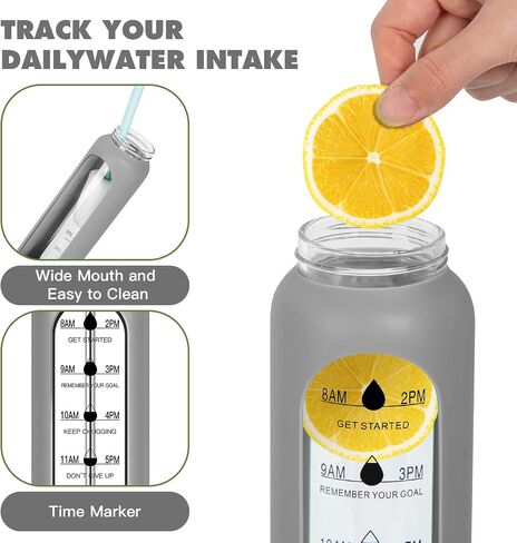 32oz Glass Water Bottle with Time Marker, 2 Lids-Handle Spout Lid & Bamboo Straw Lid, 1 Liter Motivational Borosilicate Water Bottle for Gym, Office, Travel (Gray) in Kuwait