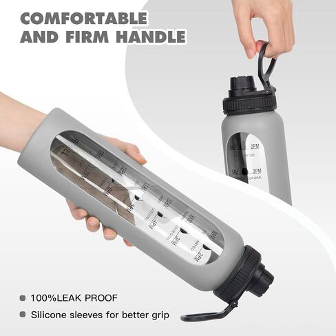 32oz Glass Water Bottle with Time Marker, 2 Lids-Handle Spout Lid & Bamboo Straw Lid, 1 Liter Motivational Borosilicate Water Bottle for Gym, Office, Travel (Gray) in Kuwait