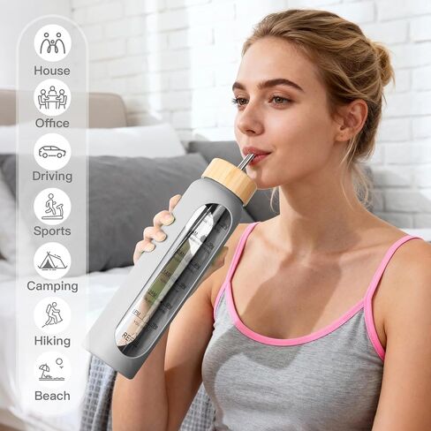 32oz Glass Water Bottle with Time Marker, 2 Lids-Handle Spout Lid & Bamboo Straw Lid, 1 Liter Motivational Borosilicate Water Bottle for Gym, Office, Travel (Gray) in Kuwait