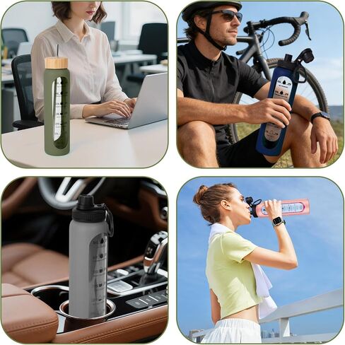 32oz Glass Water Bottle with Time Marker, 2 Lids-Handle Spout Lid & Bamboo Straw Lid, 1 Liter Motivational Borosilicate Water Bottle for Gym, Office, Travel (Gray) in Kuwait