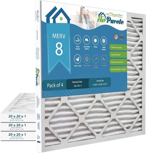 فلاتر هواء 20x20x1 | AirPurete AP-3M20201 مرشحات هواء فرن HVAC AC | الحجم الفعلي: 19.50 × 19.50 × 0.75 بوصة | MERV 8، MPR 600 (عبوة من 4 قطع) in Kuwait