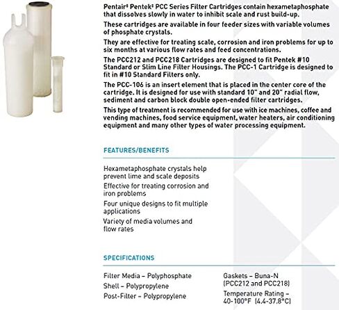 Pentair Pentek PCC212 Phosphate Water Filter, 10-Inch, Under Sink Hexametaphosphate Crystal Replacement Cartridge, Fits #10 Standard and #10 Slim Line Filter Housing in Saudi Arabia