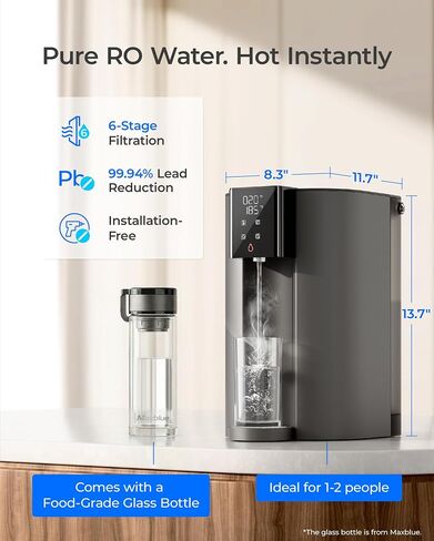 Waterdrop C1H Instant Hot Countertop RO System, No Installation Required | 6-Stage RO Filtration, Glass Bottle Included, 3:1 Pure to Drain, NSF/ANSI 372 Certified, Countertop RO Water Filter in Saudi Arabia