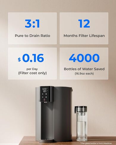 Waterdrop C1H Instant Hot Countertop RO System, No Installation Required | 6-Stage RO Filtration, Glass Bottle Included, 3:1 Pure to Drain, NSF/ANSI 372 Certified, Countertop RO Water Filter in Saudi Arabia
