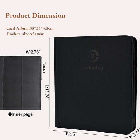 12 Pocket Zippered Trading Card Binder - Ringless,20 Page (12-Slot) Portfolio for Pokemon/TCG/Sports Cards, Waterproof Premium PU Leather with Diamond Texture Surface(35x33x4.5cm) (black) in Kuwait