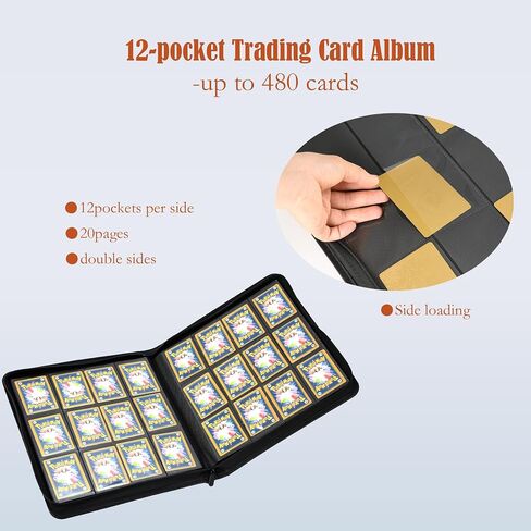 12 Pocket Zippered Trading Card Binder - Ringless,20 Page (12-Slot) Portfolio for Pokemon/TCG/Sports Cards, Waterproof Premium PU Leather with Diamond Texture Surface(35x33x4.5cm) (black) in Kuwait