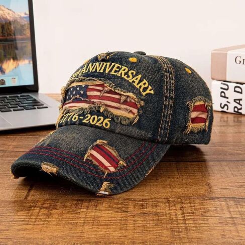 USA 250th Anniversary Baseball Cap, Vintage Distressed Embroidered Hat, Retro American Tribute Gift for Patriots and Veterans，Patriotic American Ripped Flag Embroidered Vintage Washed Hat in Kuwait