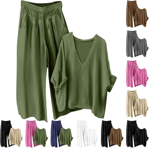 Linen Sets for Women 2 Piece V Neck Top and Wide Leg Pants Set Casual Summer Loungewear Loose Fit Outfits with Pockets in Kuwait