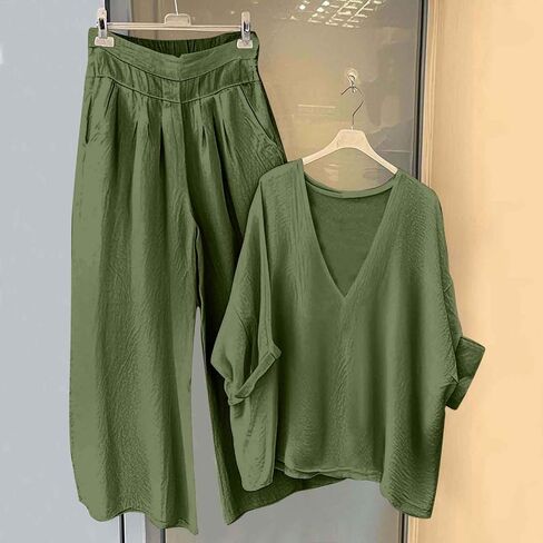 Linen Sets for Women 2 Piece V Neck Top and Wide Leg Pants Set Casual Summer Loungewear Loose Fit Outfits with Pockets in Kuwait