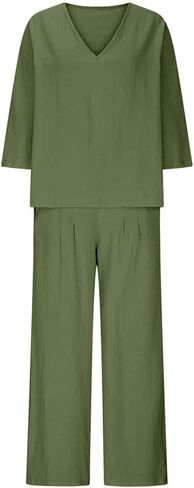 Linen Sets for Women 2 Piece V Neck Top and Wide Leg Pants Set Casual Summer Loungewear Loose Fit Outfits with Pockets in Kuwait