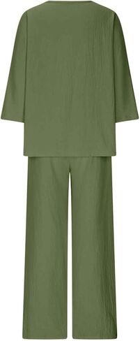Linen Sets for Women 2 Piece V Neck Top and Wide Leg Pants Set Casual Summer Loungewear Loose Fit Outfits with Pockets in Kuwait