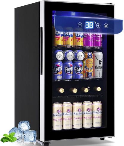 WANAI 3.5 Cu.ft Beverage Refrigerator & Mini Cooler with LED Touch Panel 125 Can Small Beer Fridge with Glass Door for Wine Soda Juice Clear Front Removable Shelves for Home Office Bar in Kuwait