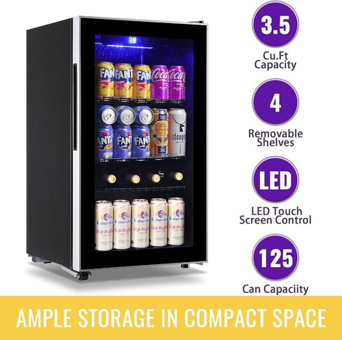 WANAI 3.5 Cu.ft Beverage Refrigerator & Mini Cooler with LED Touch Panel 125 Can Small Beer Fridge with Glass Door for Wine Soda Juice Clear Front Removable Shelves for Home Office Bar in Kuwait