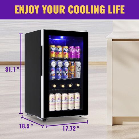 WANAI 3.5 Cu.ft Beverage Refrigerator & Mini Cooler with LED Touch Panel 125 Can Small Beer Fridge with Glass Door for Wine Soda Juice Clear Front Removable Shelves for Home Office Bar in Kuwait