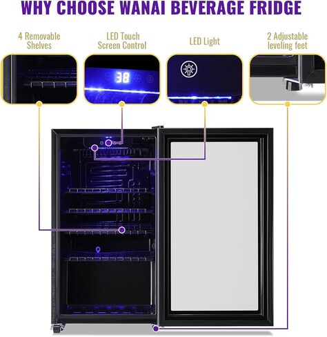 WANAI 3.5 Cu.ft Beverage Refrigerator & Mini Cooler with LED Touch Panel 125 Can Small Beer Fridge with Glass Door for Wine Soda Juice Clear Front Removable Shelves for Home Office Bar in Kuwait