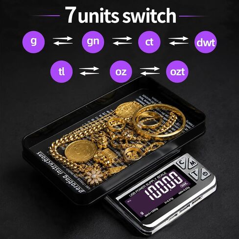 Coin Scale, 1kg/0.01g High Precision Jewelry Scale & gram Scale | 7 Units, PCS Counting, Supports USB-C, Micro-USB, and Lightning charging ports in Kuwait