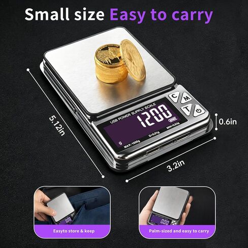 Coin Scale, 1kg/0.01g High Precision Jewelry Scale & gram Scale | 7 Units, PCS Counting, Supports USB-C, Micro-USB, and Lightning charging ports in Kuwait