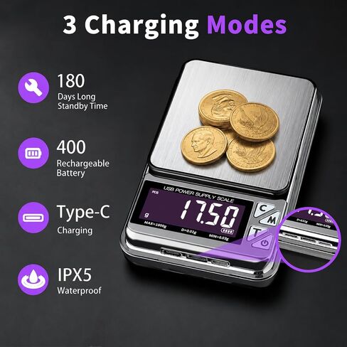 Coin Scale, 1kg/0.01g High Precision Jewelry Scale & gram Scale | 7 Units, PCS Counting, Supports USB-C, Micro-USB, and Lightning charging ports in Kuwait