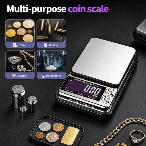 Coin Scale, 1kg/0.01g High Precision Jewelry Scale & gram Scale | 7 Units, PCS Counting, Supports USB-C, Micro-USB, and Lightning charging ports in Kuwait