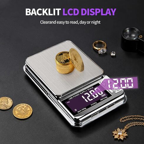 Coin Scale, 1kg/0.01g High Precision Jewelry Scale & gram Scale | 7 Units, PCS Counting, Supports USB-C, Micro-USB, and Lightning charging ports in Kuwait