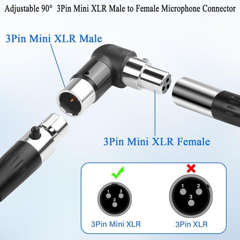 QIANRENON قابل للتعديل بزاوية 90 درجة محول ميكروفون صغير XLR مطلي بالذهب 3Pin Mini XLR ذكر إلى أنثى موسع موصل الزاوية اليمنى، لكاميرا الفيديو اللاسلكية المثبتة على طية صدر السترة in Kuwait