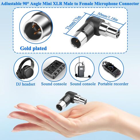 QIANRENON قابل للتعديل بزاوية 90 درجة محول ميكروفون صغير XLR مطلي بالذهب 3Pin Mini XLR ذكر إلى أنثى موسع موصل الزاوية اليمنى، لكاميرا الفيديو اللاسلكية المثبتة على طية صدر السترة in Kuwait