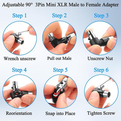 QIANRENON قابل للتعديل بزاوية 90 درجة محول ميكروفون صغير XLR مطلي بالذهب 3Pin Mini XLR ذكر إلى أنثى موسع موصل الزاوية اليمنى، لكاميرا الفيديو اللاسلكية المثبتة على طية صدر السترة in Kuwait