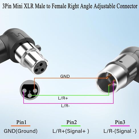 QIANRENON قابل للتعديل بزاوية 90 درجة محول ميكروفون صغير XLR مطلي بالذهب 3Pin Mini XLR ذكر إلى أنثى موسع موصل الزاوية اليمنى، لكاميرا الفيديو اللاسلكية المثبتة على طية صدر السترة in Kuwait