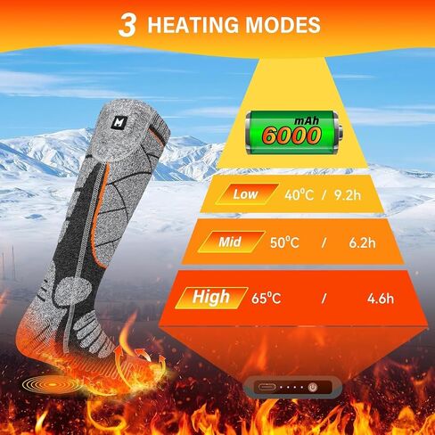 Heated Socks, 5V 6000mAh Rechargeable Heated Socks for Men & Women, Electric Socks with 3 Heating Levels for Winter, Skiing, Hunting, Camping, Hiking, Cycling, Outdoor Work in Kuwait