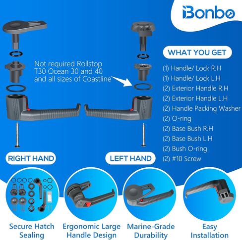 طقم قطع غيار فتحة مقبض كبير 361680990 من Bonbo مناسب لفتحة Lewmar المنخفضة والمتوسطة، من أجل Flush 3G، الساحل، المحيط، Trimline، Rolltop Hatch in Kuwait