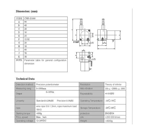 CWP-S1000V مستشعر إزاحة سلك السحب 1000 مم، محول الجهد الخطي 0-10 فولت in Kuwait