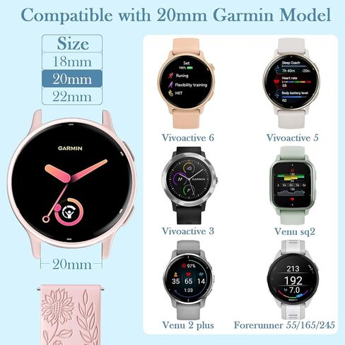 6 قطع من SNBLK منقوشة بالزهور متوافقة مع أحزمة ساعات Garmin Vivoactive 5/Vivoactive6/3 للسيدات، حزام بديل من السيليكون الناعم سريع التحرير 20 مم لـ Forerunner 165/55/245/Venu Sq 2/2 Plus in Kuwait