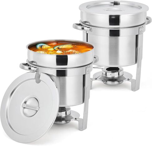 7 QT Commercial Soup Chafer Set of 2, Stainless Steel Round Food Warmers with Pots, Notched Lids & Fuel Holders, Buffet Catering Equipment for Banquet Service in Kuwait