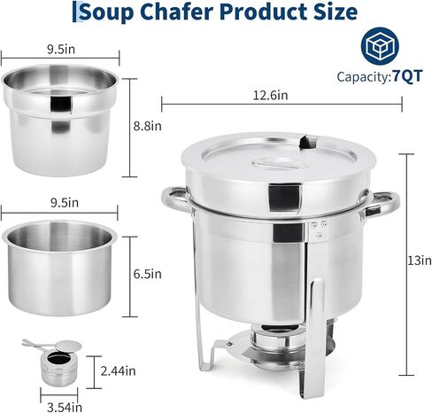 7 QT Commercial Soup Chafer Set of 2, Stainless Steel Round Food Warmers with Pots, Notched Lids & Fuel Holders, Buffet Catering Equipment for Banquet Service in Kuwait