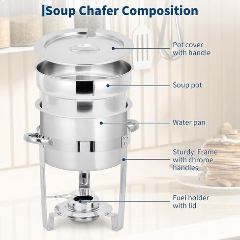 7 QT Commercial Soup Chafer Set of 2, Stainless Steel Round Food Warmers with Pots, Notched Lids & Fuel Holders, Buffet Catering Equipment for Banquet Service in Kuwait