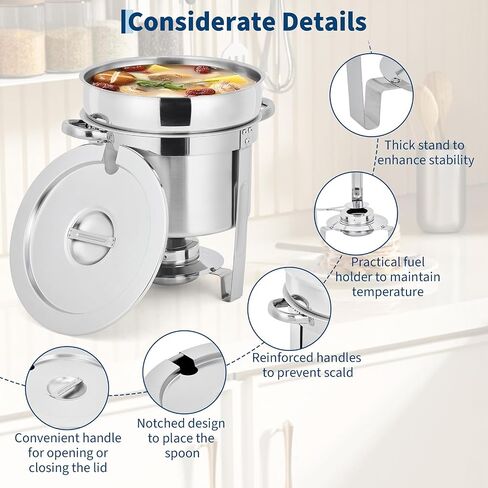 7 QT Commercial Soup Chafer Set of 2, Stainless Steel Round Food Warmers with Pots, Notched Lids & Fuel Holders, Buffet Catering Equipment for Banquet Service in Kuwait