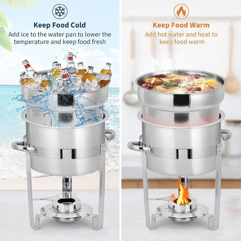 7 QT Commercial Soup Chafer Set of 2, Stainless Steel Round Food Warmers with Pots, Notched Lids & Fuel Holders, Buffet Catering Equipment for Banquet Service in Kuwait