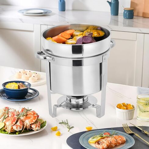7 QT Commercial Soup Chafer Set of 2, Stainless Steel Round Food Warmers with Pots, Notched Lids & Fuel Holders, Buffet Catering Equipment for Banquet Service in Kuwait