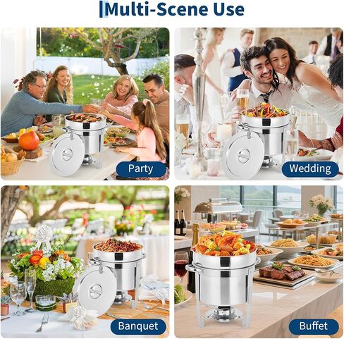 7 QT Commercial Soup Chafer Set of 2, Stainless Steel Round Food Warmers with Pots, Notched Lids & Fuel Holders, Buffet Catering Equipment for Banquet Service in Kuwait