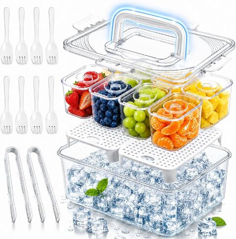 Upgraded 8-Compartment Chilled Condiment Server with Carry Handle, Large Cocktail Garnish Tray, Portable Fruit Tray with Ice Bottom, Cook Out Essentials for BBQ, Taco Bar, Camping in Kuwait