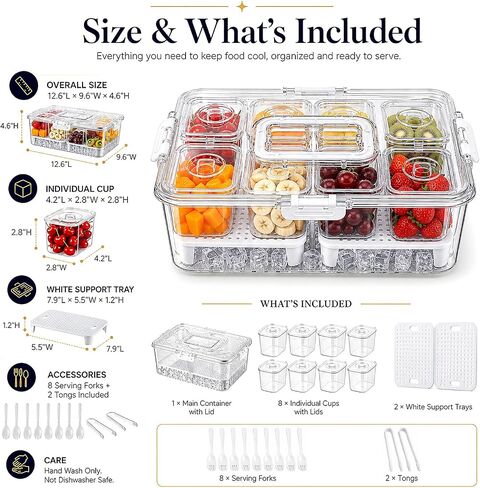 Upgraded 8-Compartment Chilled Condiment Server with Carry Handle, Large Cocktail Garnish Tray, Portable Fruit Tray with Ice Bottom, Cook Out Essentials for BBQ, Taco Bar, Camping in Kuwait