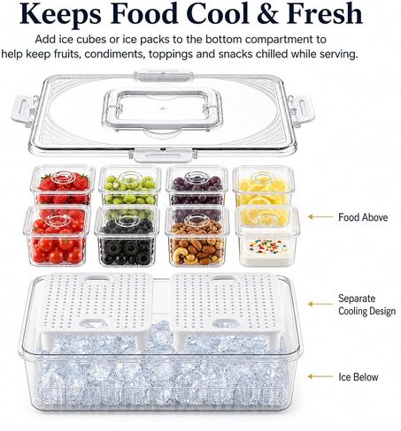 Upgraded 8-Compartment Chilled Condiment Server with Carry Handle, Large Cocktail Garnish Tray, Portable Fruit Tray with Ice Bottom, Cook Out Essentials for BBQ, Taco Bar, Camping in Kuwait
