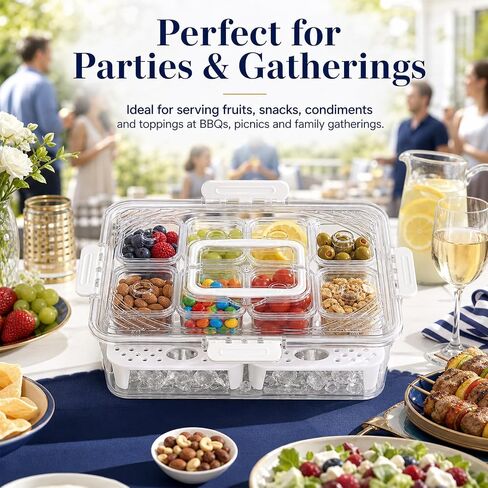 Upgraded 8-Compartment Chilled Condiment Server with Carry Handle, Large Cocktail Garnish Tray, Portable Fruit Tray with Ice Bottom, Cook Out Essentials for BBQ, Taco Bar, Camping in Kuwait