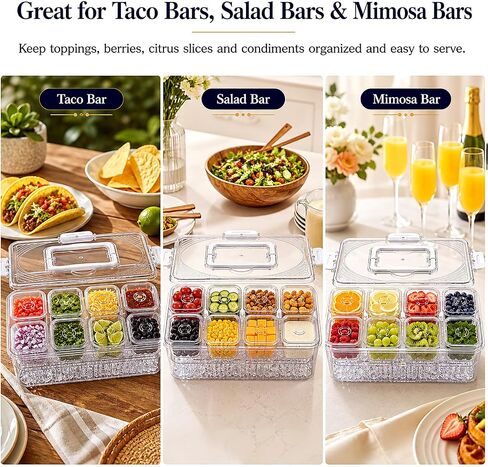 Upgraded 8-Compartment Chilled Condiment Server with Carry Handle, Large Cocktail Garnish Tray, Portable Fruit Tray with Ice Bottom, Cook Out Essentials for BBQ, Taco Bar, Camping in Kuwait