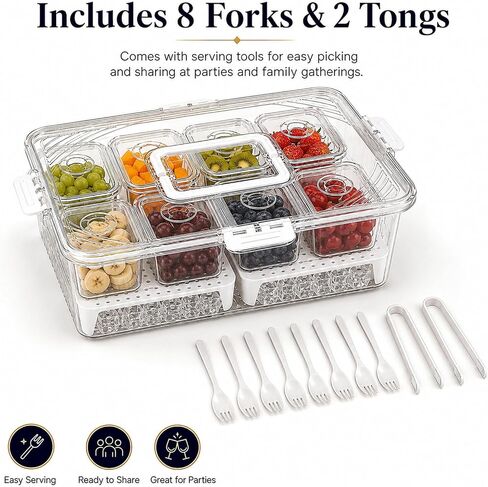 Upgraded 8-Compartment Chilled Condiment Server with Carry Handle, Large Cocktail Garnish Tray, Portable Fruit Tray with Ice Bottom, Cook Out Essentials for BBQ, Taco Bar, Camping in Kuwait