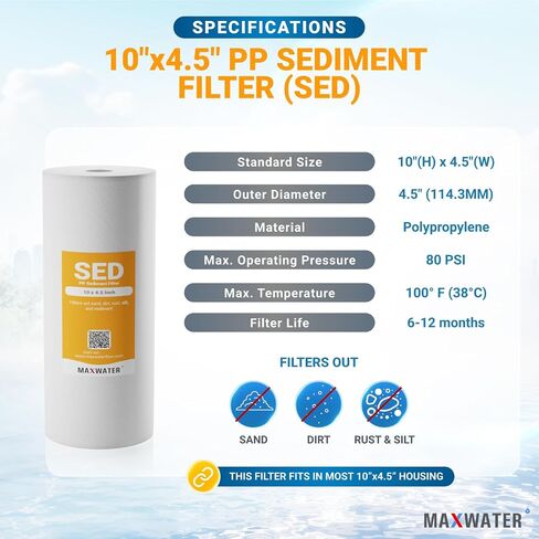 Max Water 5 Micron 10 x 4.5 inch Whole house Sediment Water Filter | Meltblown Polypropylene Well Water Filter Replacement Cartridges for DGD-5005, AP810, SDC-45-1001, GXWH30C, PP10BB (20 Pack) in Kuwait