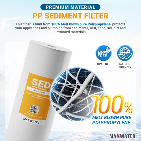 Max Water 5 Micron 10 x 4.5 inch Whole house Sediment Water Filter | Meltblown Polypropylene Well Water Filter Replacement Cartridges for DGD-5005, AP810, SDC-45-1001, GXWH30C, PP10BB (20 Pack) in Kuwait